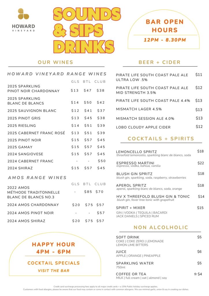 CASUAL DRINKS LIST Howard Vineyard Sounds & Sips - October Long Weekend